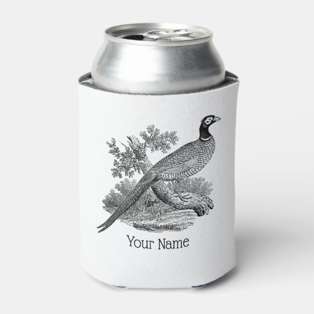 Vintage Pheasant Game Bird Drawing BW Can Cooler (Can Front)