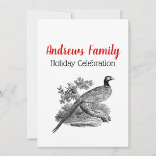 Vintage Pheasant Game Bird Drawing BW Christmas Invitation