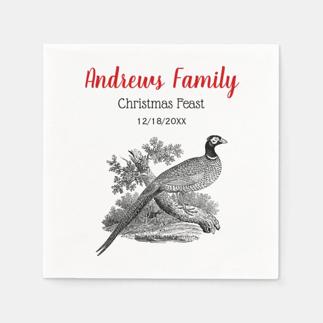 Vintage Pheasant Game Bird Drawing BW Christmas Napkin (Front)