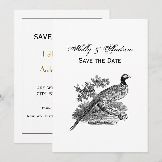 Vintage Pheasant Game Bird Drawing BW Invitation (Front/Back)