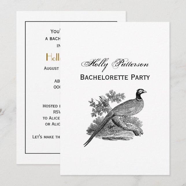 Vintage Pheasant Game Bird Drawing BW Invitation (Front/Back)