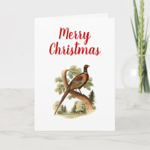 Vintage Pheasant on Branch w/ Trees Drawing Colour Holiday Card
