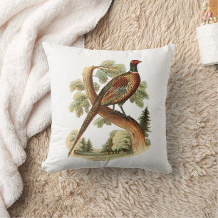 Vintage Pheasant on Branch w/ Trees Drawing Colour Throw Pillow