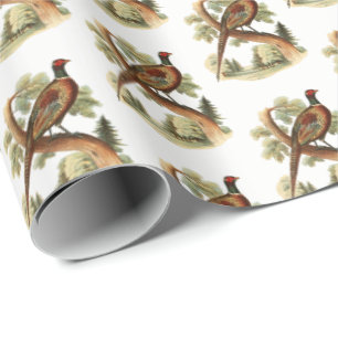 Vintage Pheasant on Branch w/ Trees Drawing Colour Wrapping Paper