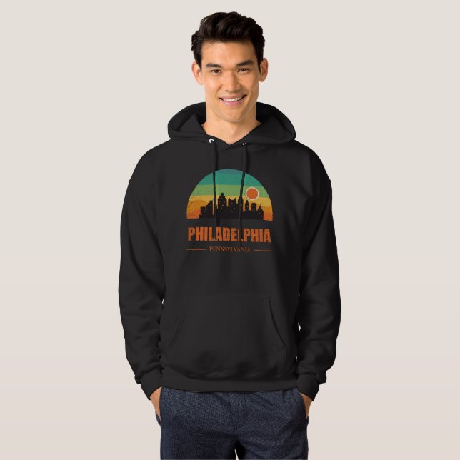 Vintage Philadelphia City Skyline Retro Sunset Hoodie (Front Full)