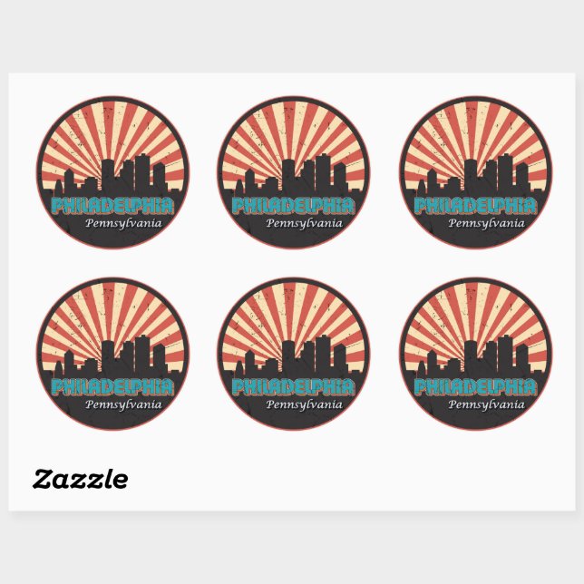 Vintage Philadelphia Pennsylvania Skyline Retro Classic Round Sticker (Sheet)