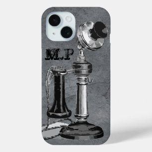 Vintage Phone Illustration on Grey Monogram iPhone 15 Case