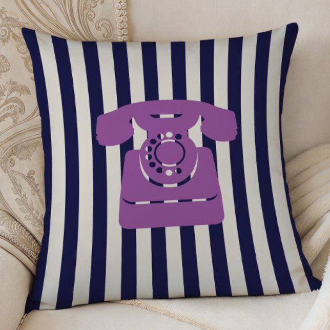 Vintage Phone on Midnight Blue Stripes Throw Pillow (Creator Uploaded)