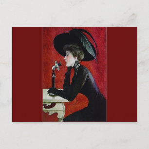 vintage phone woman black dress hat lady postcard