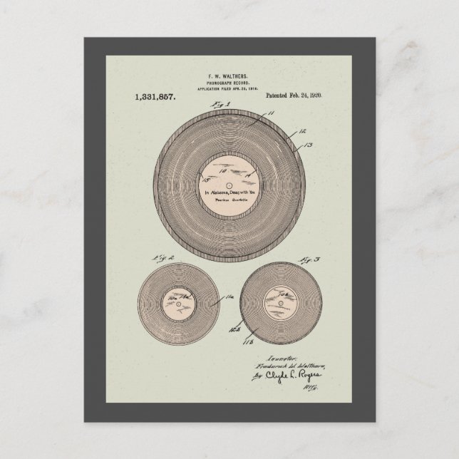 Vintage Phonograph Record Patent Postcard (Front)
