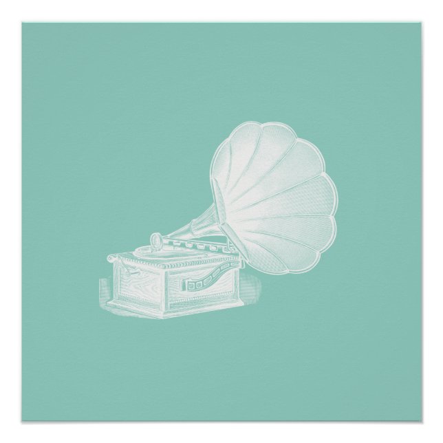 Vintage Phonograph Sea Green White Gramophone Cool Poster (Front)