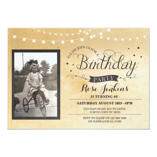 Vintage Photo Birthday Lights Rustic Invitation