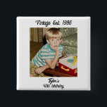 Vintage Photo Birthday Personalized 2 Inch Square Button<br><div class="desc">Vintage retro personalized party button with a nostalgic photo style layout instantly adds playful charm and throwback flair to any celebration. Designed with a classic retro aesthetic, this custom button showcases a bold vintage frame, eye-catching old school typography, and a clean minimalist background that highlights your personalization beautifully. The timeless...</div>