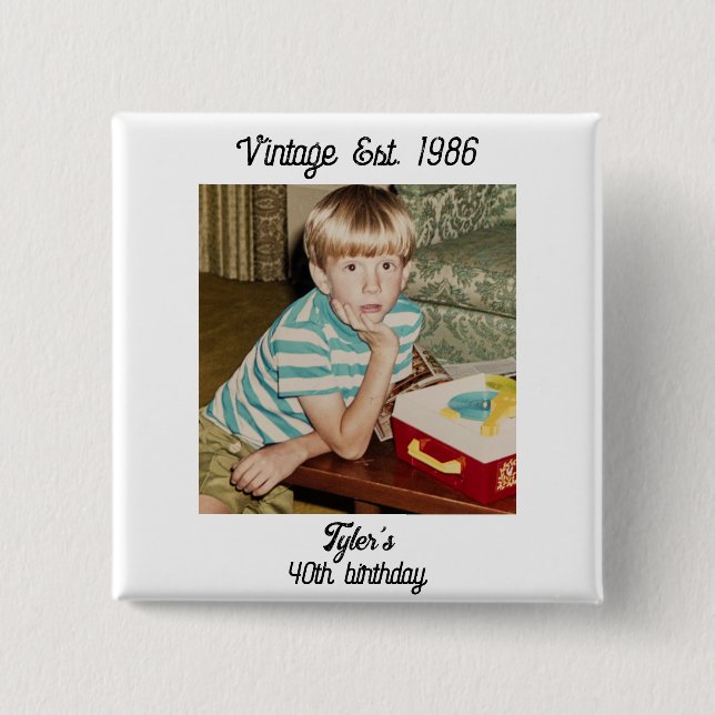Vintage Photo Birthday Personalized 2 Inch Square Button (Front)