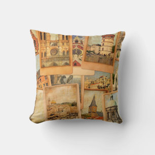 Vintage photo cards collage. European, Middle East Throw Pillow