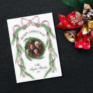 Vintage Photo Pink Ribbon Wreath Merry Christmas Invitation