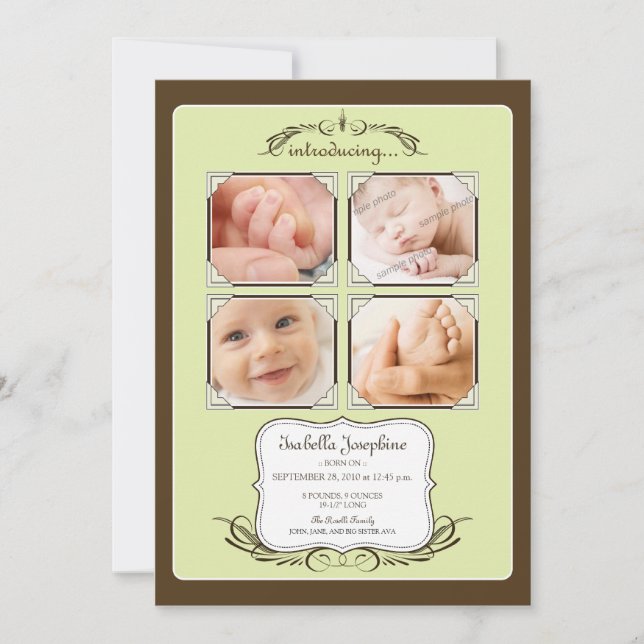 Vintage Photo Quad 5x7" Lime Birth Announcement (Front)