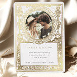 Vintage Photo Wedding Ornate Laurel<br><div class="desc">This vintage-style wedding invitation beautifully combines a personal touch with elegant design. The front features a customizable photo framed by an intricate laurel wreath and detailed ornamental motifs in soft gold. The classic and timeless border adds a luxurious feel to the invitation, while the couple’s names are showcased in elegant...</div>