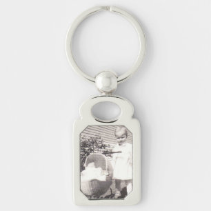 Vintage Photograph Little Girl w Baby Buggy Keychain
