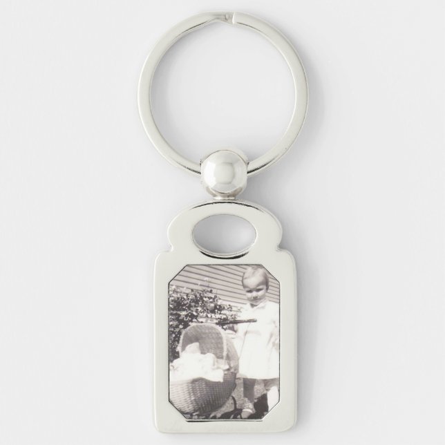 Vintage Photograph Little Girl w Baby Buggy Keychain (Front)