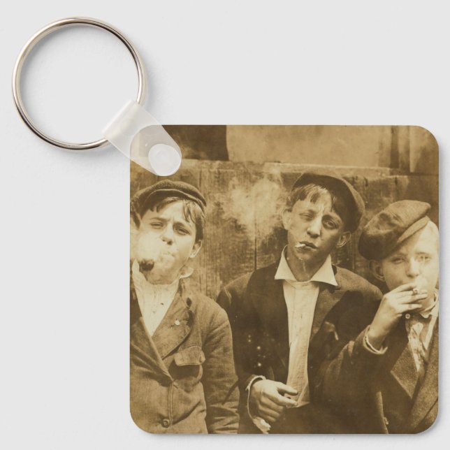Vintage photograph of newsies smoking cigars  keychain (Front)