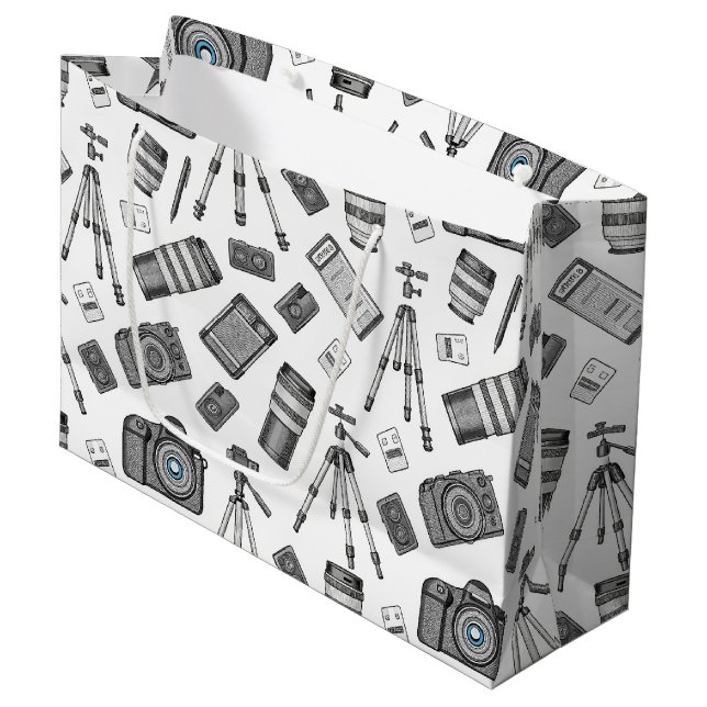 Vintage Photography Equipment Pattern Large Gift Bag (Front Angled)