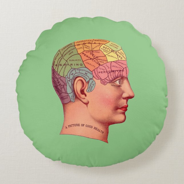 Vintage Phrenology Head Mind Brain Map Round Pillow (Front)