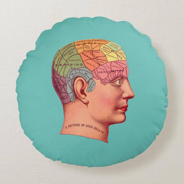 Vintage Phrenology Head Mind Brain Map Round Pillow (Front)