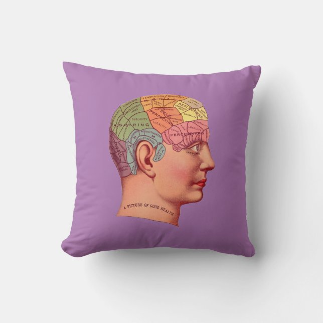 Vintage Phrenology Head Mind Brain Map Throw Pillow (Front)