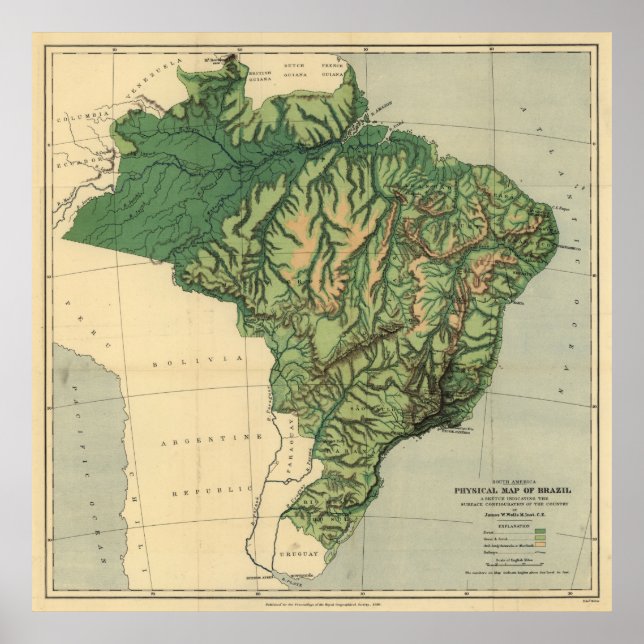 Vintage Physical Map of Brazil Poster (Front)