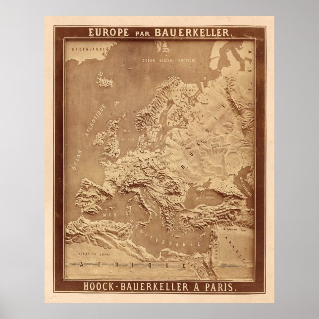 Vintage Physical Map of Europe (1870) Poster (Front)
