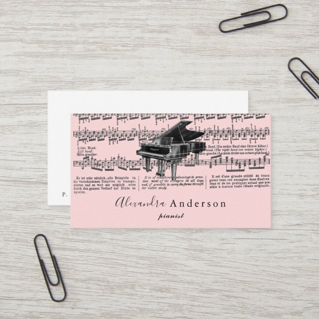 Vintage Pianiste de musique rose Carte de visite e (Devant/Arrière en situation)