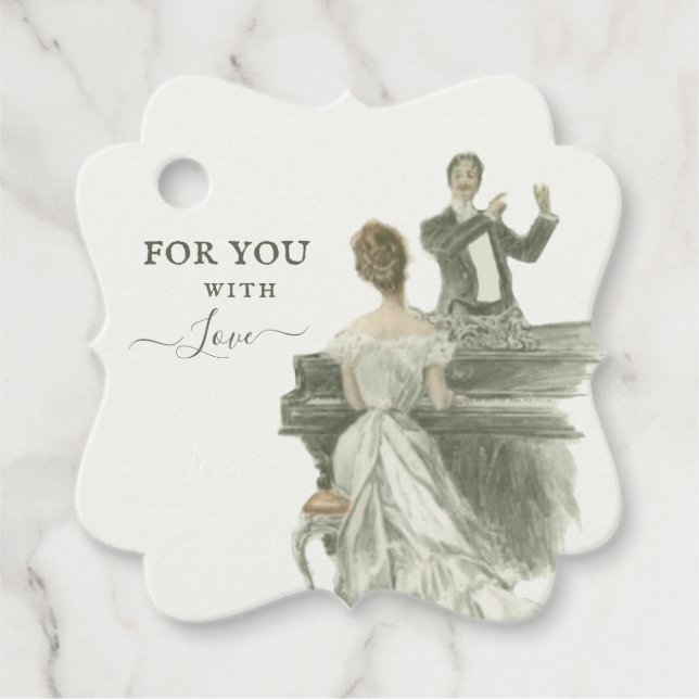 Vintage Piano Woman Sketch Gift Tag (Front)