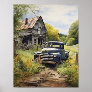 Vintage pick up truck by country barn water color poster