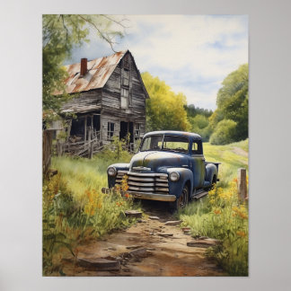 Vintage pick up truck by country barn water colour poster