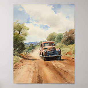 Vintage pick up truck on country road watercolor poster