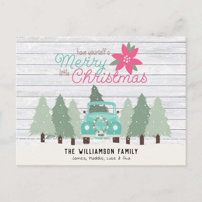 Vintage Pick up Truck & Trees Farmhouse Christmas Postcard (Front)