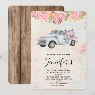 Vintage Pickup Truck Rustic Watercolor Birthday Invitation
