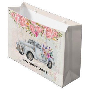 Vintage Pickup Truck Rustic Watercolor Birthday Large Gift Bag