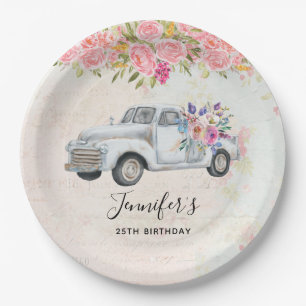 Vintage Pickup Truck Rustic Watercolor Birthday Paper Plate