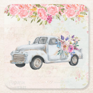 Vintage Pickup Truck Rustic Watercolor Square Paper Coaster