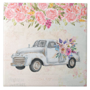 Vintage Pickup Truck Rustic Watercolor Tile