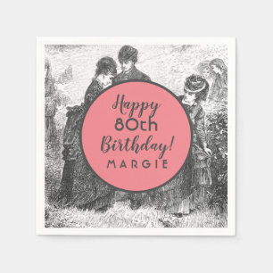 Vintage Picnic Birthday in Charcoal and Coral Napkin