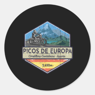 Vintage Picos De Europa Motorcycle Spain Mountain Classic Round Sticker