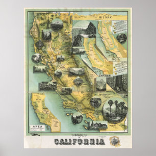 Vintage Pictorial California Map Poster 1888
