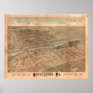 Vintage Pictorial Map of Bethlehem PA (1878) Poster
