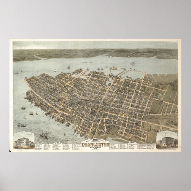 Vintage Pictorial Map of Charleston (1872) Poster (Front)