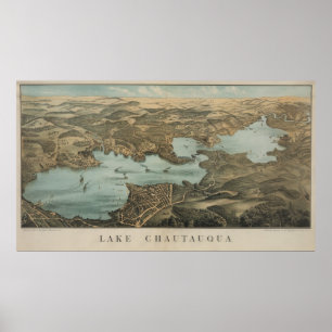 Vintage Pictorial Map of Lake Chautauqua NY (1885) Poster