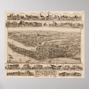 Vintage Pictorial Map of Pawtuxet RI (1890) Poster