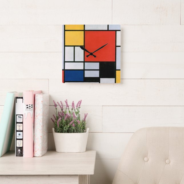 Vintage Piet Mondrian Composition, retro Square Wall Clock (Reading Room)